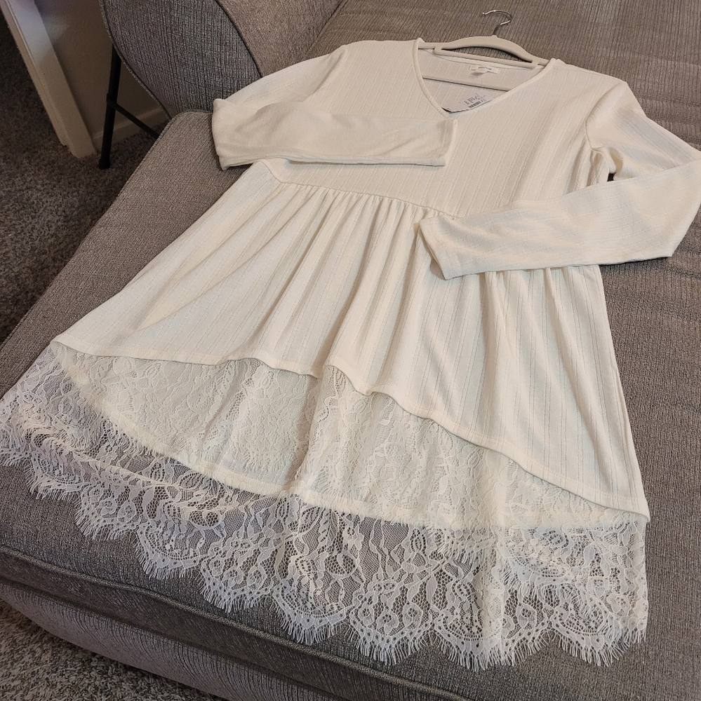 Maurices Longsleeve Boho Lace Trim Dress Size Large Cream White - Picture 2 of 6